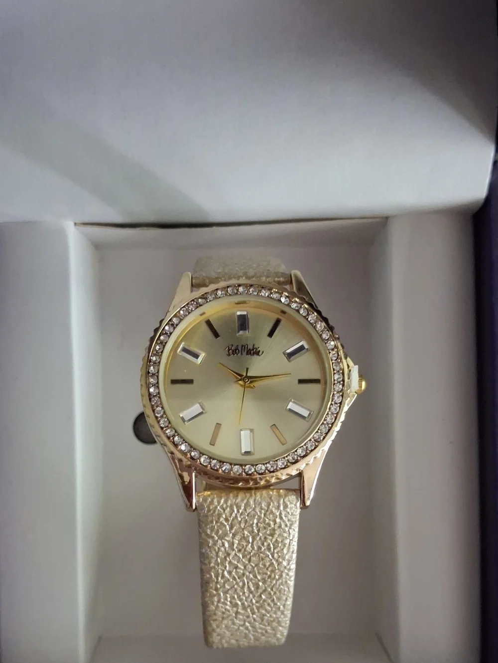 Bob Mackie Gold and White Women's Watch with Crystal Bezel.